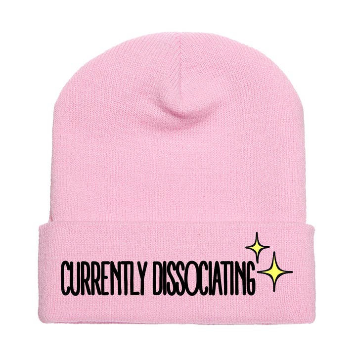 Currently Dissociating - Pink Embroidered Winter Beanie for wholesale by Calm Down Caren