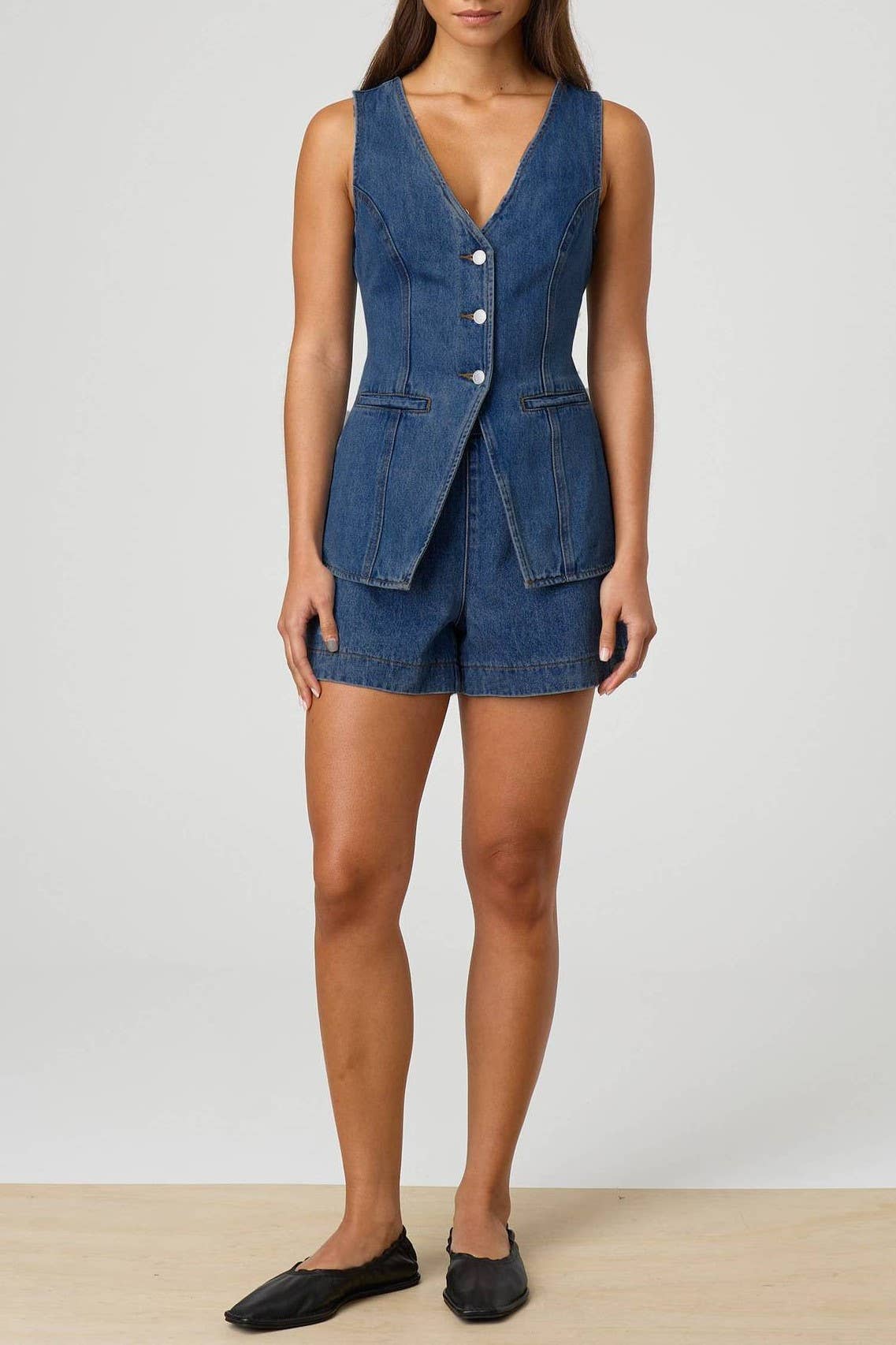 Rosa Clothing - Wholesale Top & Short Set (NOT Loungewear) - Women's - Smart & Intelligent denim buttoned tank top Split waistcoat2