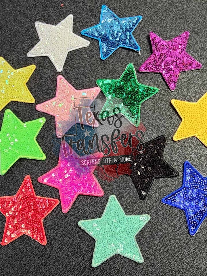 2.5" Sequin Stars (Embroidered Outline) Iron On Patches for wholesale by Texas Transfers
