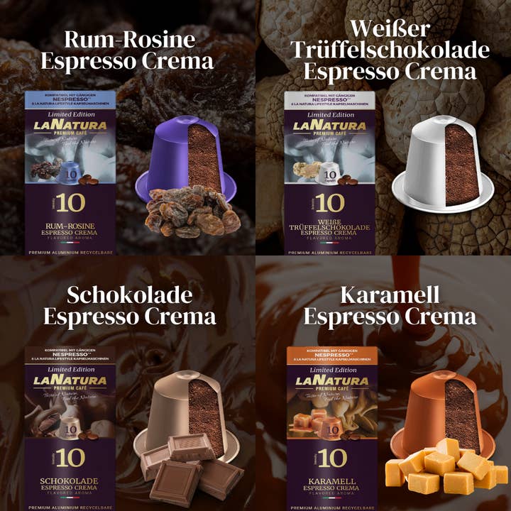 La Natura Lifestyle BIO GmbH - Wholesale Coffeepods/koffiepads - La Natura Lifestyle AROMA BOX, 80 koffiecapsules compatibel met Nespresso®*³-capsulemachines, 8 unieke SMAAKRICHTINGEN, karamel, chocolade, pistache, kokosnoot, rum, truffel, pompoen, pinda