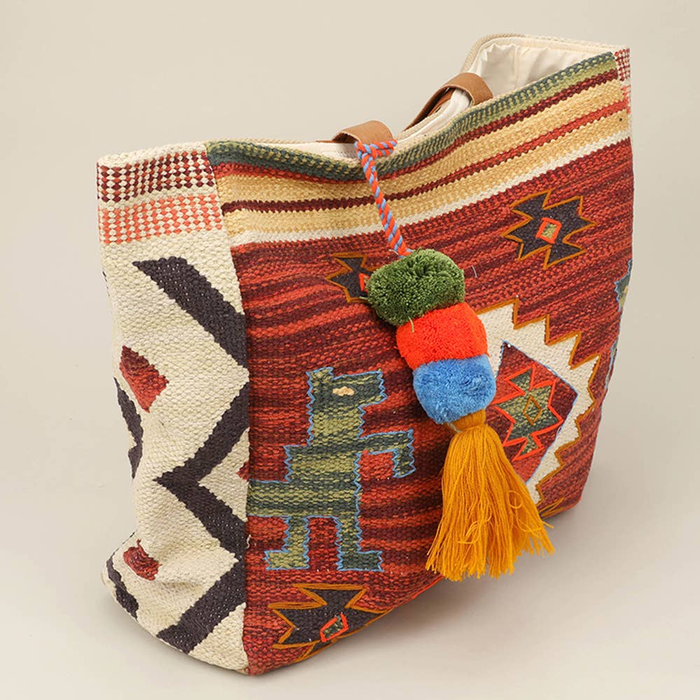 Sensibling Corp. - Wholesale Draagtas - Dames - Schoudertas met pompon en kwastjes in boho-patroon1