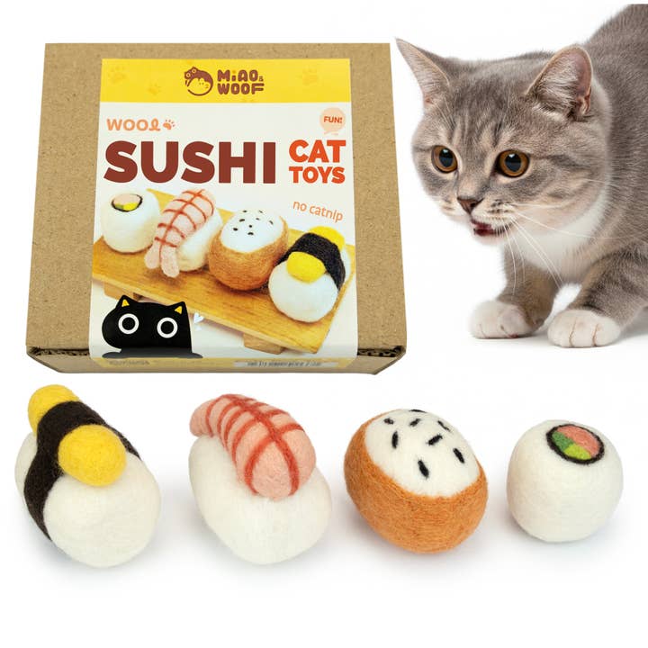 Ensemble de sushis pour chat en feutre de laine M&W – Jouets pour chat faits à la main (4 pièces) pour la vente par Woolbuddy