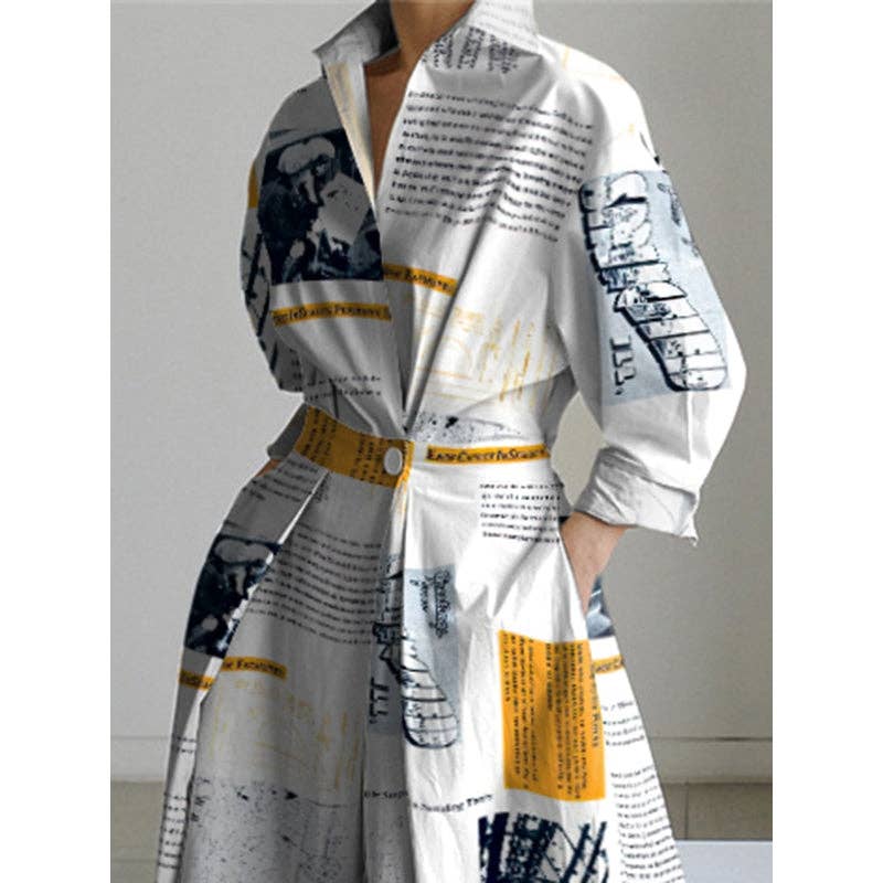 Yellow Long Sleeves Loose Newspaper Print Pleated Tied Waist Lapel Midi Dresses Shirt Dress for wholesale on Faire1