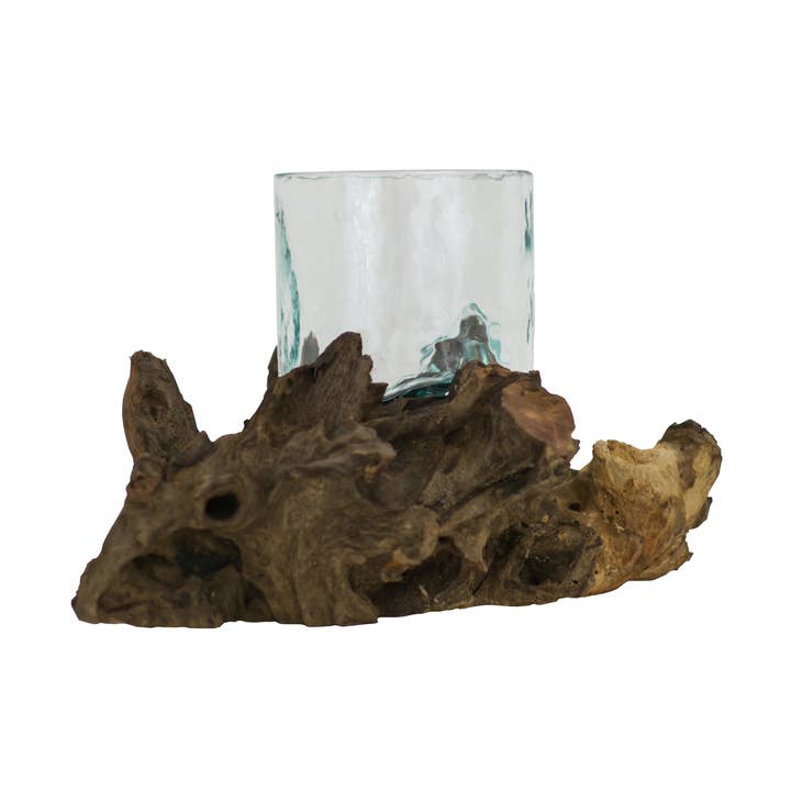 Cylindrical Glass Vessel on Gamal Root - Approx. 10cm Across for wholesale by Cohasset Gifts