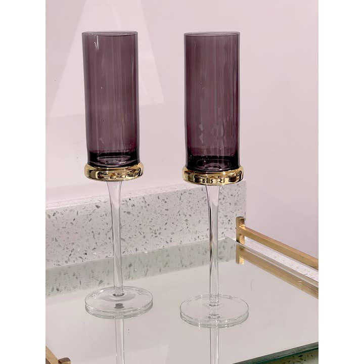 CLASSIC TOUCH DECOR INC. - Wholesale Champagne Flute - Set of 6 Flute Glasses Tinted Black with Gold Band