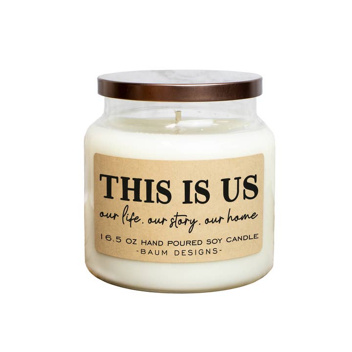 This Is Us. Our Story. Our Story. Our Home. Soy Candle 16.5 for wholesale by Baum Designs LLC