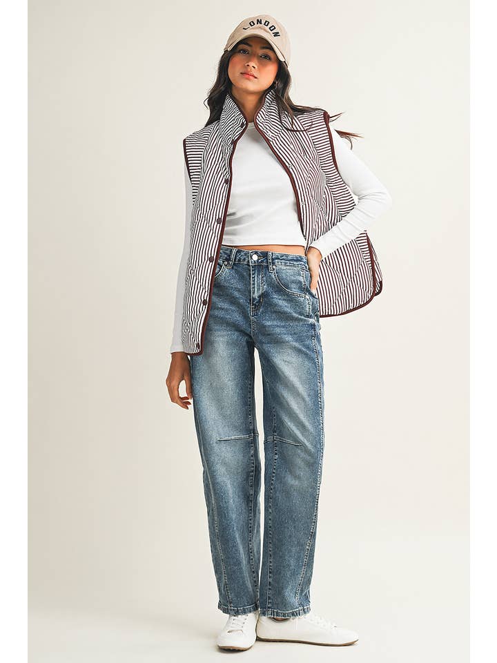 Little Daisy Closet - Wholesale Outerwear Vest - Women's - LDC Stripe Contrast Trim Button Collared Vest| S-4X2