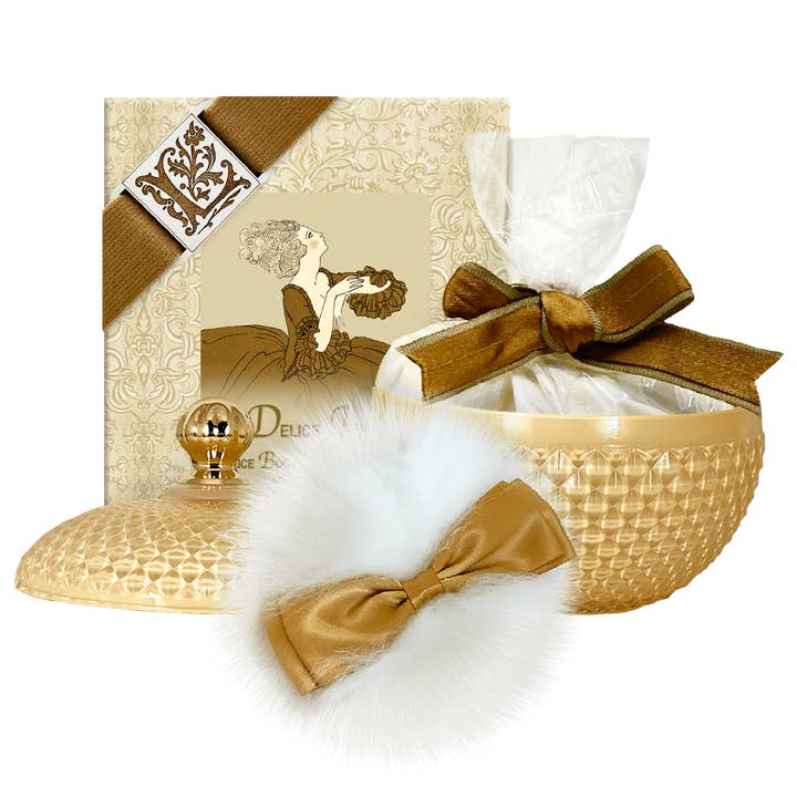 Feuilleté de laine Delice Infini, poudre de riz pour le corps 6oz & récipient en verre pour la vente par La Bouquetiere French Collections