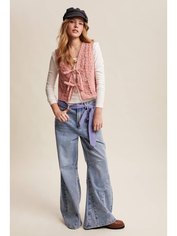 Listicle - Wholesale Outerwear Vest - Women’s - Embroidered Lace Tie-Front Vest LVT00923