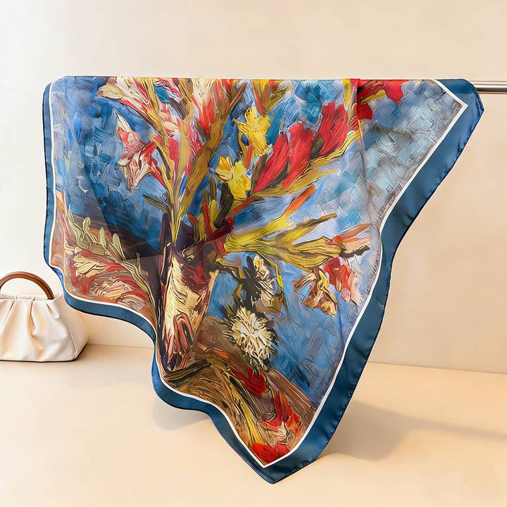 ARTISTIC OIL PAINTING SUNFLOWER PRINT SATIN SCARF_CWASC03882 for wholesale by DOUBLJU