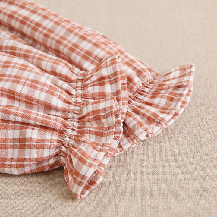 Dadati - Wholesale Dress - Kids - Orange-white checkered dress with long puffed sleeves7