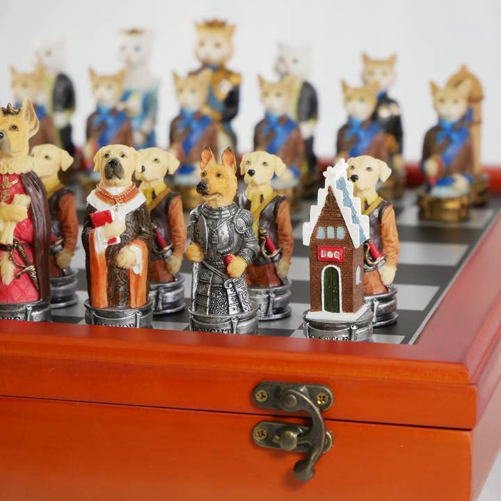 WorldWise Imports - Wholesale Board Game - Chess Set - Cats & Dogs Resin Men on Cherry Stained Chest