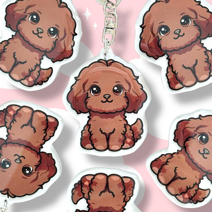 Ruby Brown Cavapoo Cavoodle Cavachon Acrylic Dog Keychain with Epoxy Resin | Easy-Clip, Cute Dog Cartoon, Hand-Drawn Design, Dog Lover Gift for wholesale by Milly Made Designs