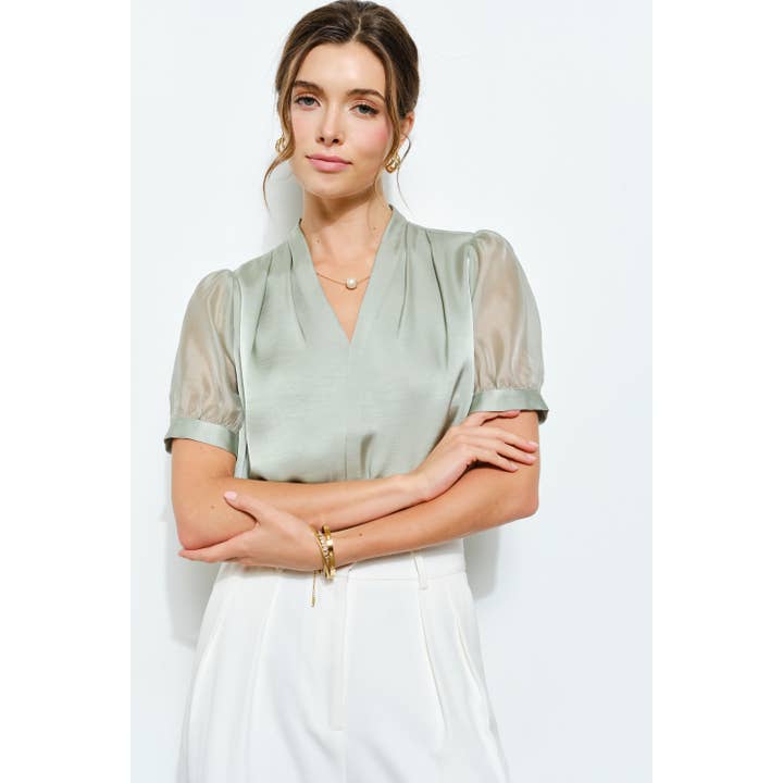 Sheer Puff Sleeve Satin V-Neck Blouse for wholesale by INA