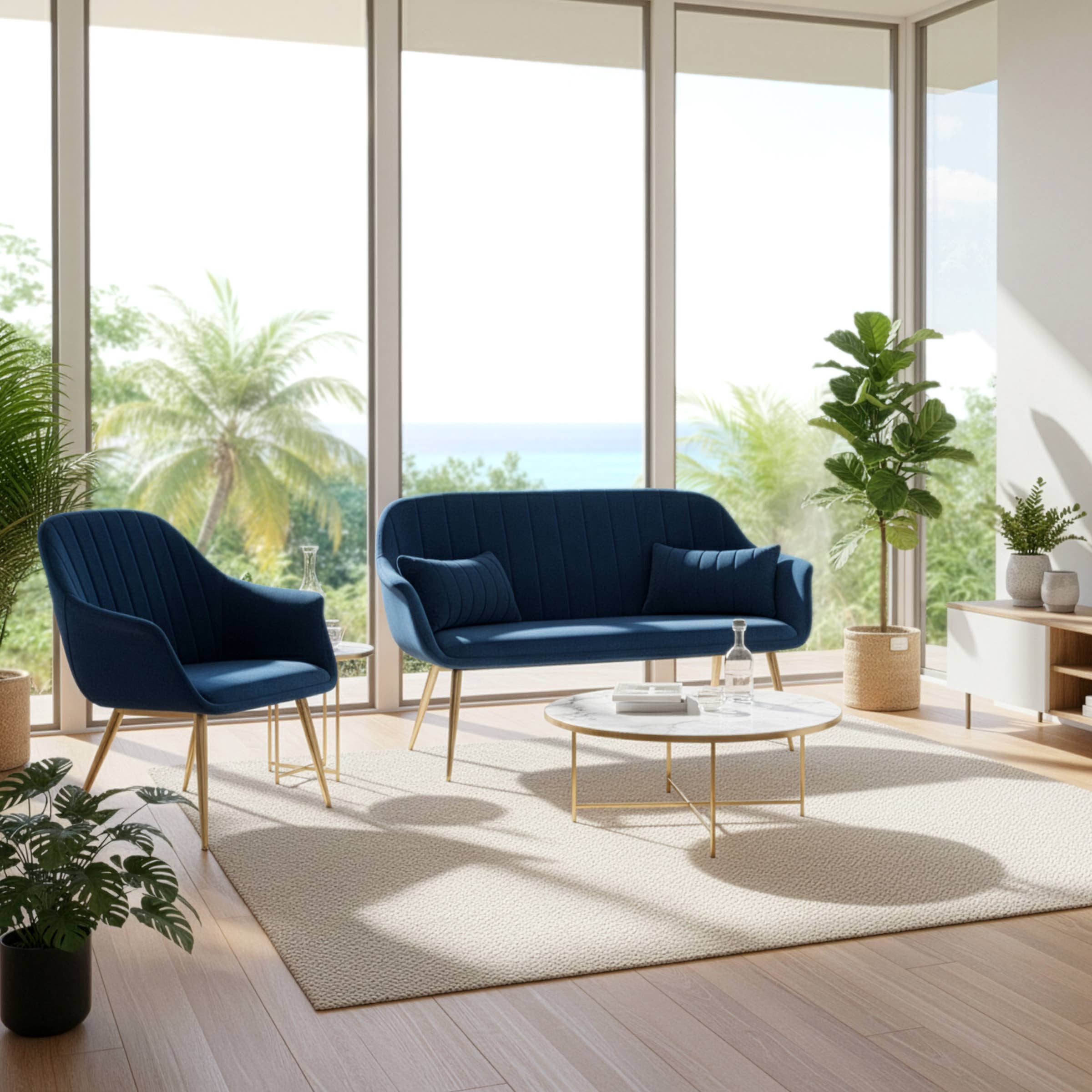 Glamour Home - Vente Canapés - Ensemble canapé 2 places en velours bleu Angela et fauteuil d'appoint1