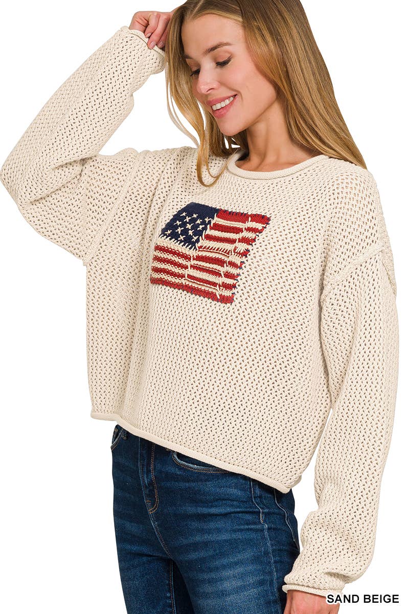 Vanilla Monkey - Vente Pull en maille – femme - Pull ras du cou à drapeau américain4