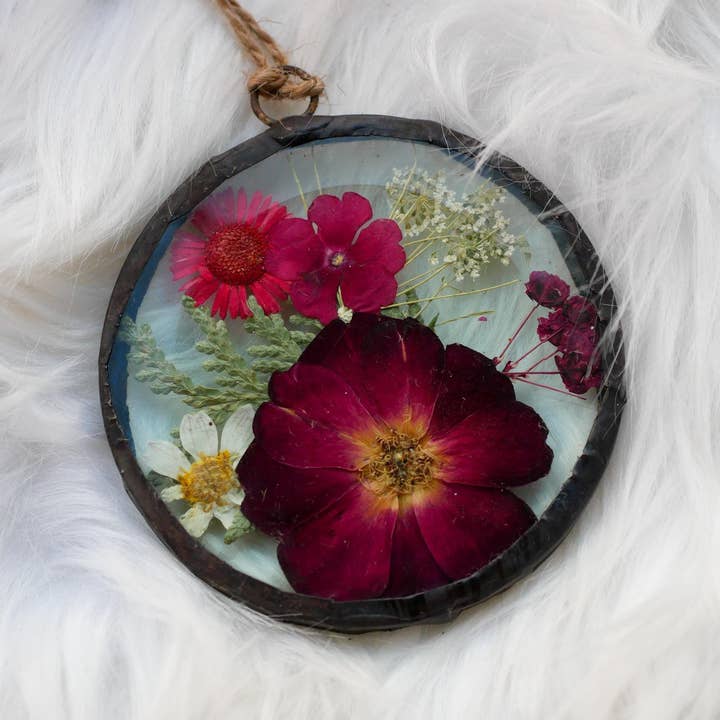 Pressed rose glass ornament hand soldered pressed flower ornament for wholesale by Remedy Designs