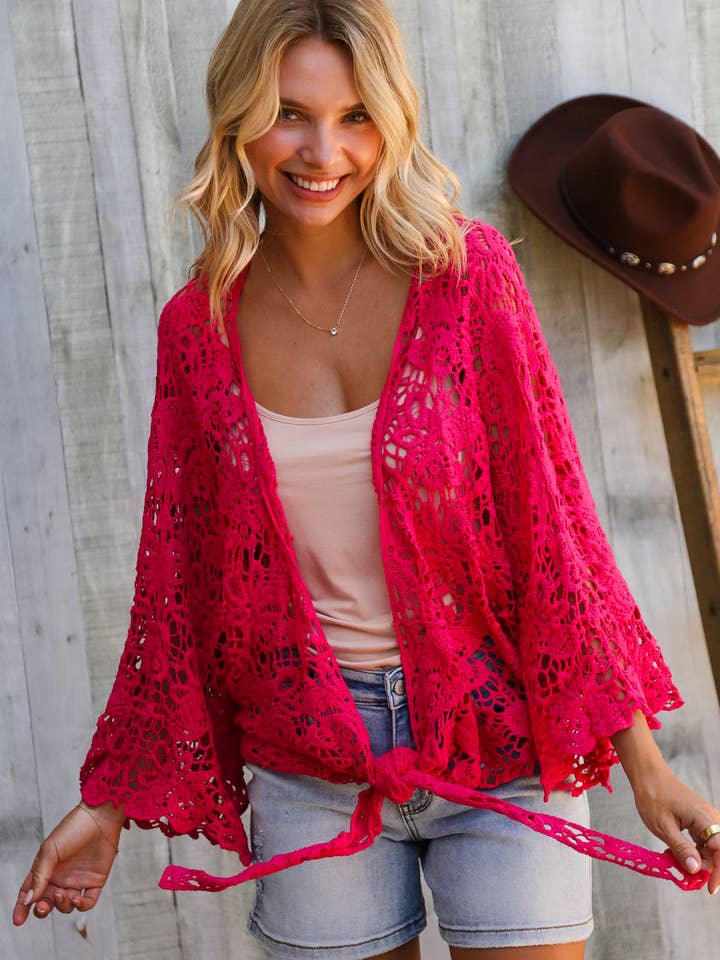 Cárdigan Fucsia de Ganchillo con Lazo Frontal y Mangas Acampanadas Beautiful You (Paquete Abierto) para venta al por mayor de Promenade
