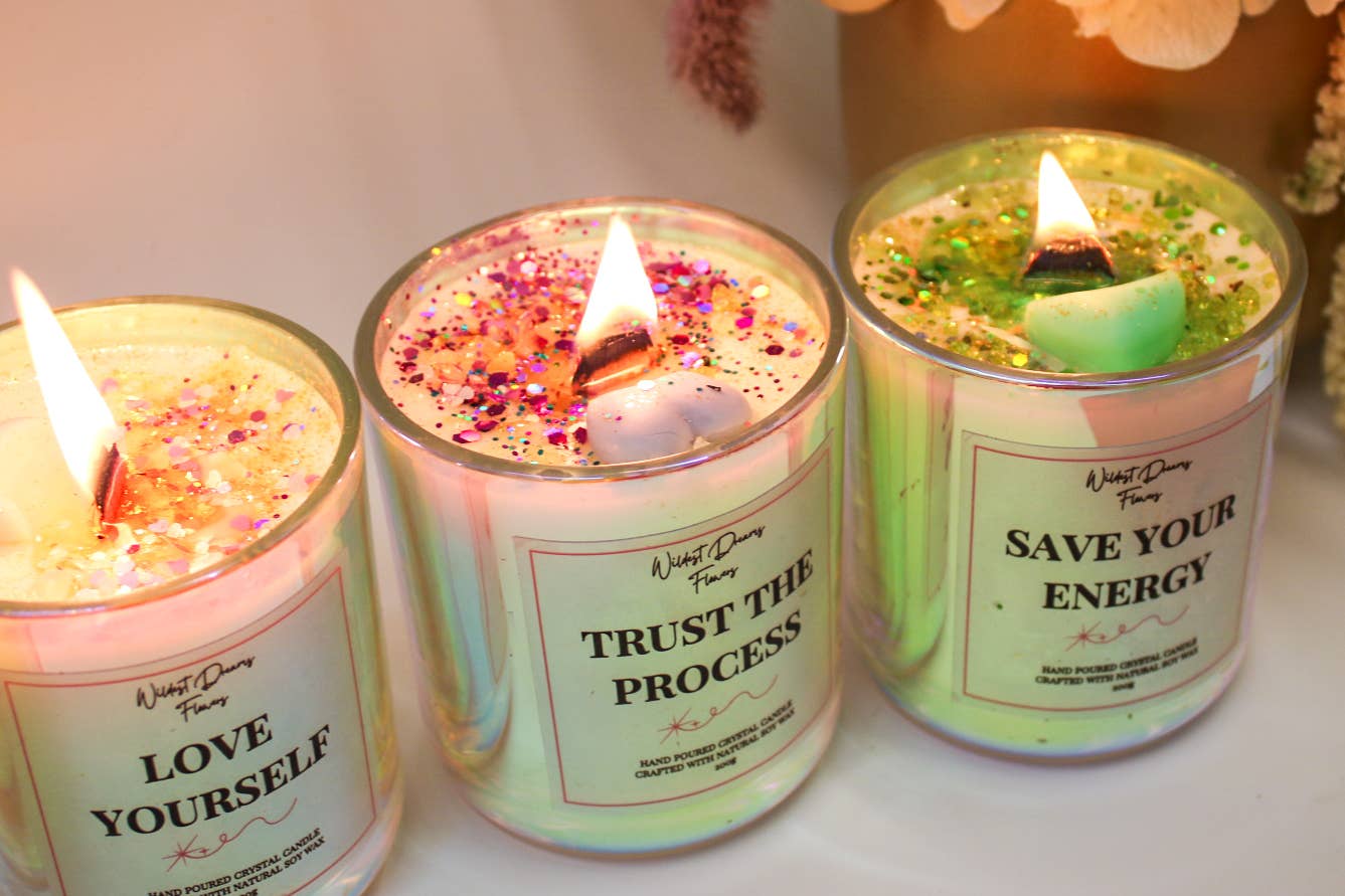 Wildestdreams.flowers – wholesale Jar/filled candle – Positive Energy Crystal Candle- Trust The Process 1