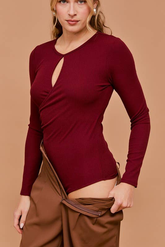 Burgundy LONG SLEEVE WRAP SIDE SHIRRING BODYSUIT for wholesale on Faire