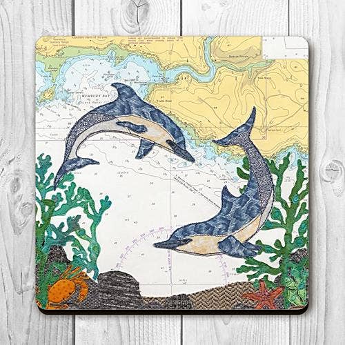 Dolphins at Yealm Head Wembury Devon Coaster for wholesale by Hannah Wisdom Textiles