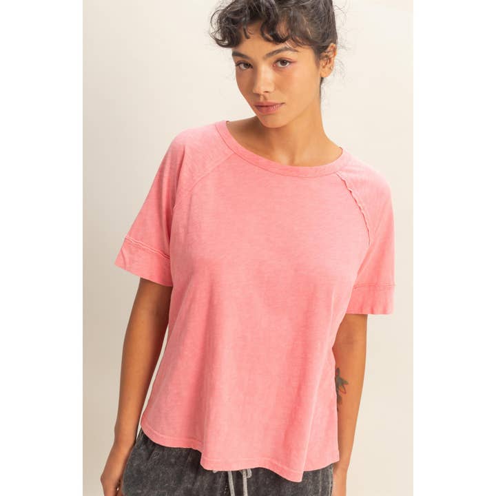 Acid Wash Raw Seam Raglan Short Sleeve Tee for wholesale by Double Zero