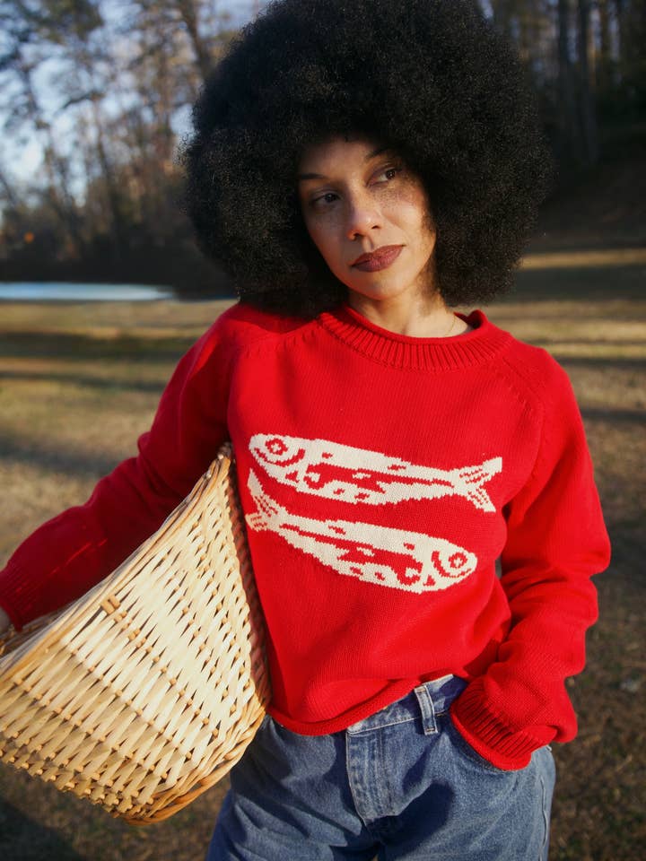 RED COTTON FISH SWEATER for wholesale by Beaten Path Co