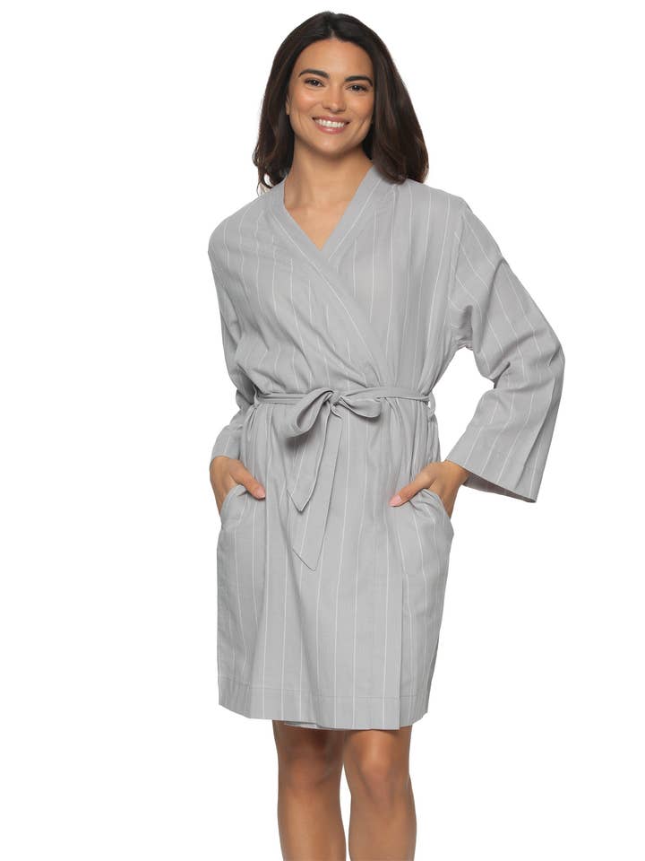 Mirielle Cotton Twill Robe - Silver Sconce Pinstripe for wholesale by Felina