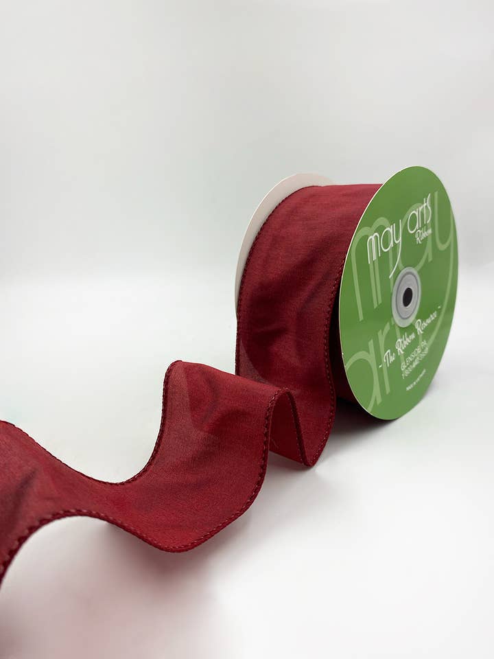2.5″ Wired Burgundy Red Faux Dupioni Silk Ribbon for wholesale by May Arts Ribbon