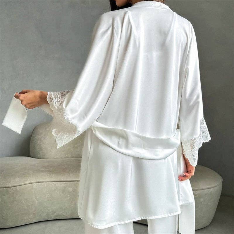 WHITE Tie-Waist Lace Robe and Pants Pajama Set for wholesale on Faire2