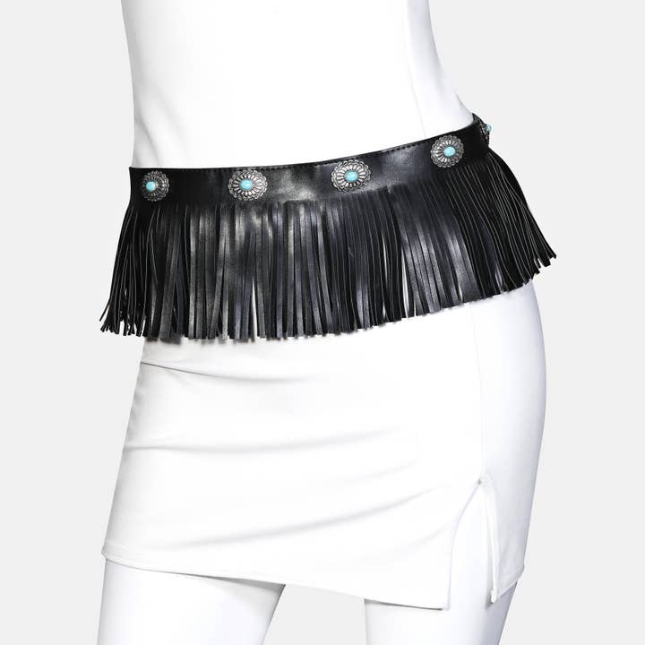 SBBLK Leather Western Concho Fringe Belt for wholesale on Faire