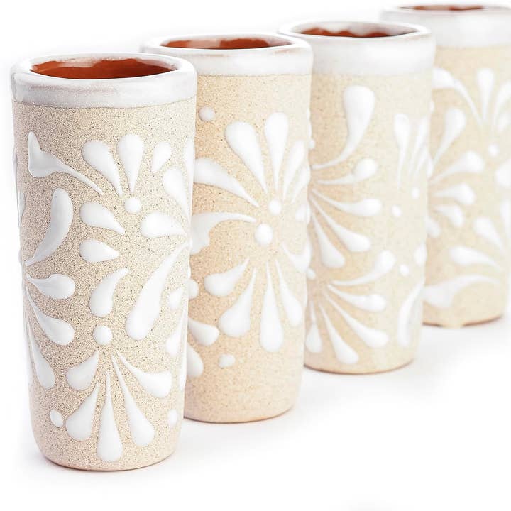 Handcrafted Mexican Ceramic Shot Glasses Set of 4, Floral Terracotta Interior for wholesale by MEXTEQUIL