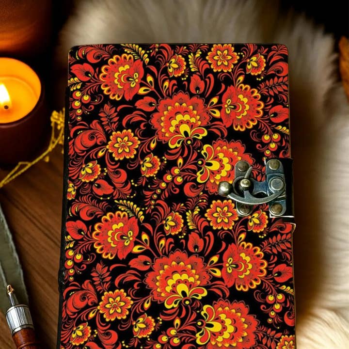 Håndlavet Læder Blomstret Journal Rød & Guld Folke Kunst Notesbog for engroshandel hos MNM HANDICRAFTS