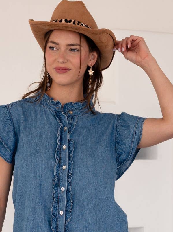 TR2038-01 Camisa de Mezclilla con Volantes y Botones-T6MJVK0 para venta al por mayor de TRENDILITY