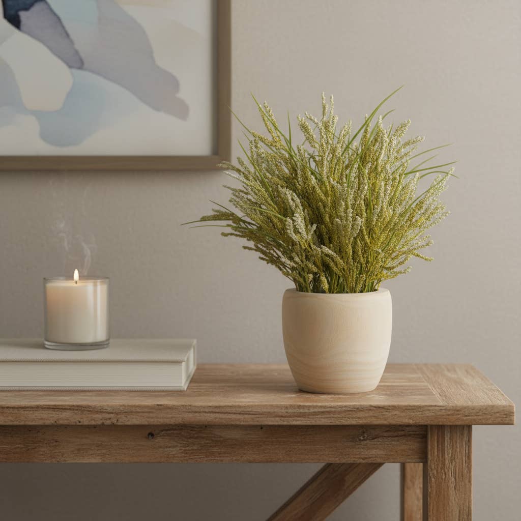 HomeRoots – wholesale Artificial plant – 14" Green Artificial Plant In Round Brown Wood Pot1