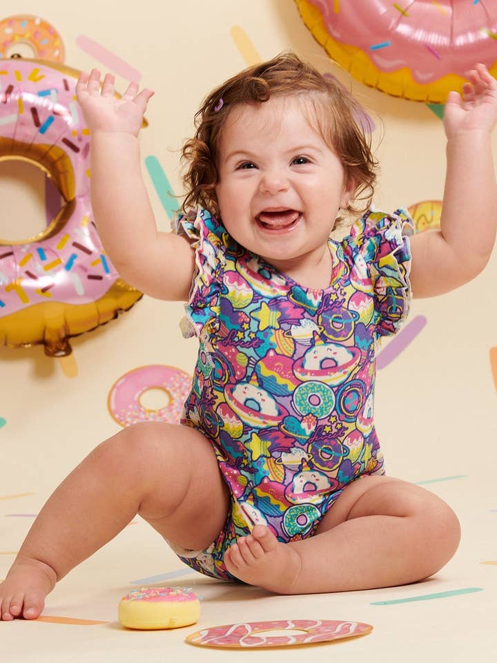 Donut Space Out Ruffle Sleeve Shorty Romper for wholesale by Elebaby