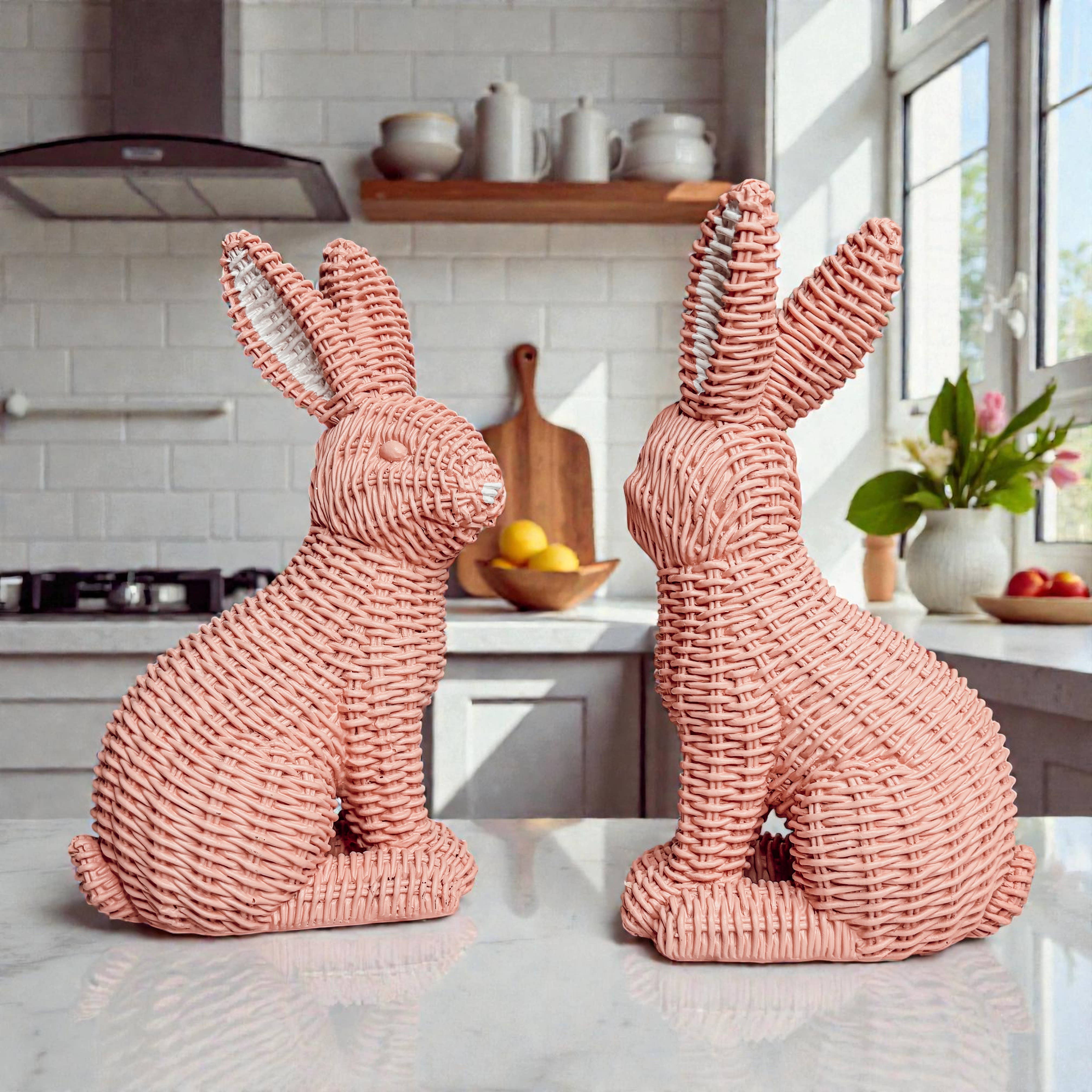 Gia Roma - Wholesale Sculpture - Easter Farmhouse Home Decor, Resin Bunny Figurine Rattan 24