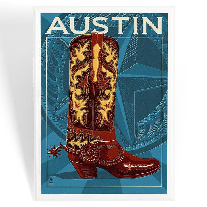 MAGNET Austin, Texas, Boot, Letterpress para venta al por mayor de Lantern Press