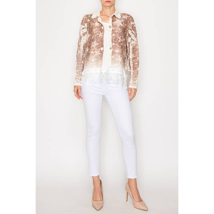 Cropped Sequin Embellished Button-Up Jacket -4811IV BRN STAR for wholesale by Origami Apparel ~ Lace and Crochet inspired
