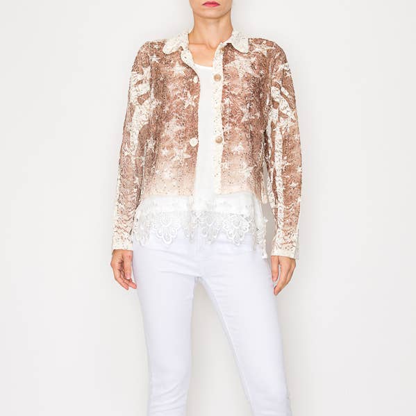 Giacca corta con paillettes e bottoni -4811IV BRN STAR per la vendita all'ingrosso da parte di Origami Apparel ~ Lace and Crochet inspired