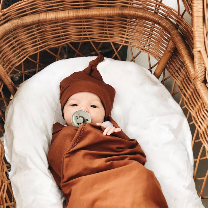 Cinnamon Jersey Swaddle Stretch Wrap & Beanie Set for wholesale by SNUGGLY JACKS