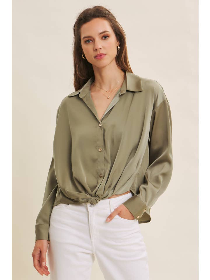 in february - Wholesale Button Down Shirt - Women's - BUTTON-DOWN KNOTTED SATIN SHIRT WITH LAPEL COLLAR