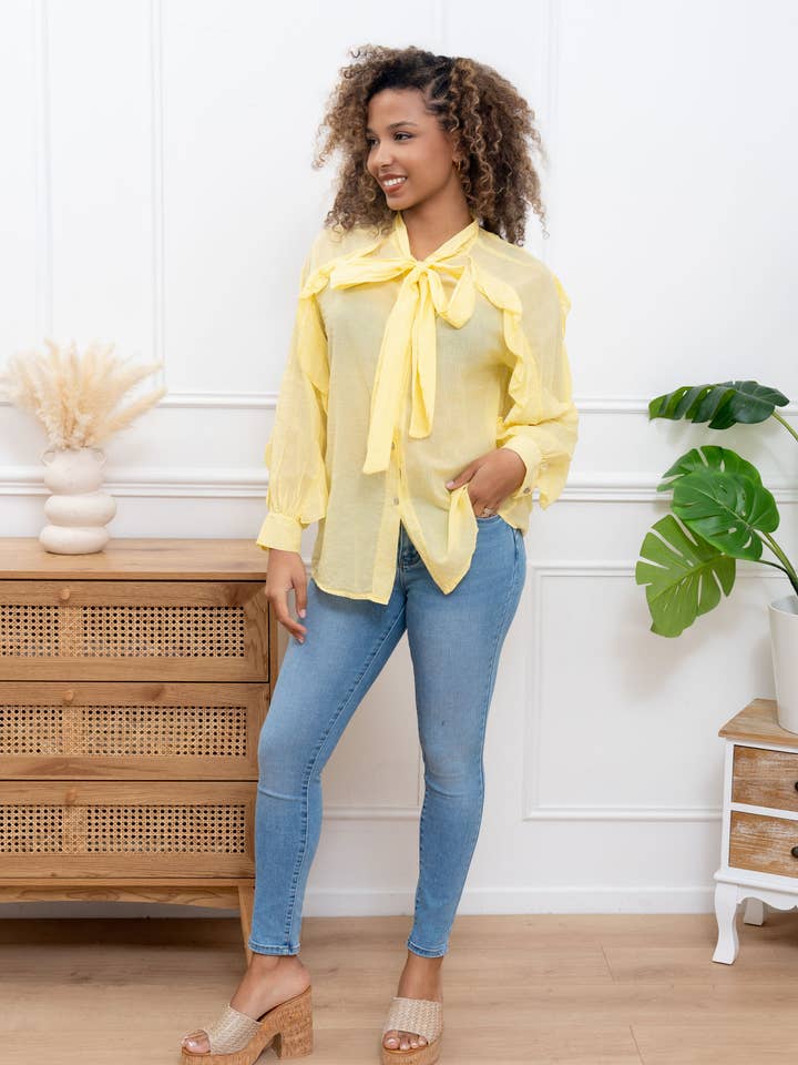 Long-sleeve cotton voile blouse with ruffles for wholesale by Happy look