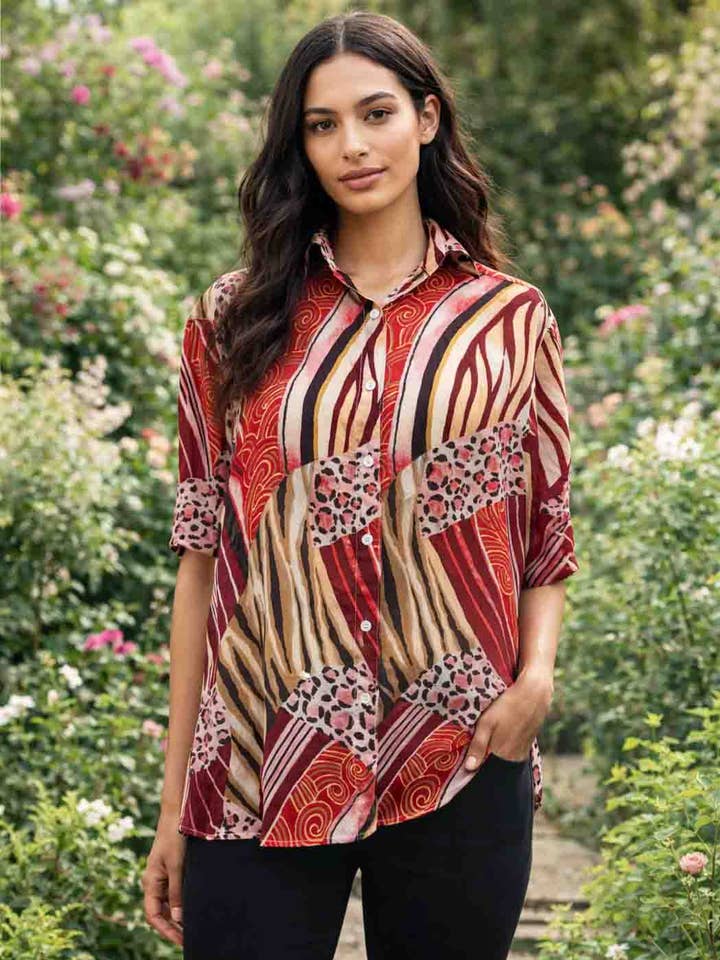 Tianello CUPRO™ Women's print "Samba" S.S. Camp Shirt -XS, S, M, L, XL for wholesale by Tianello