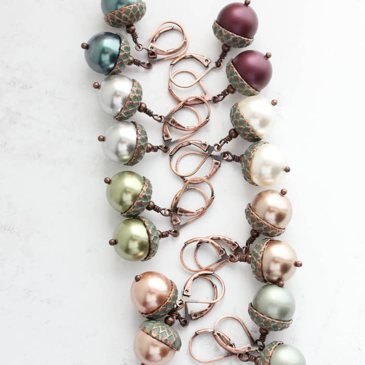 A Pocket of Posies - Wholesale Dangle Earrings - Pearl Acorn EARRINGS | Blush Mint Copper Patina8