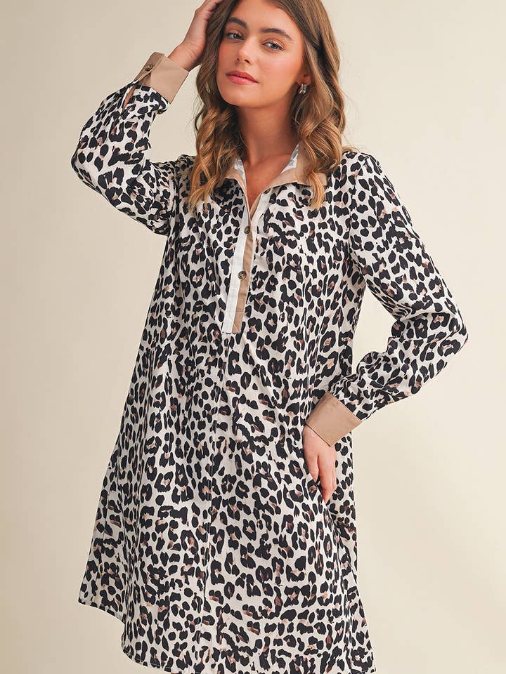Leopard Print Stripe Collared Long Sleeve Dress | S-XL for wholesale by Aapparella