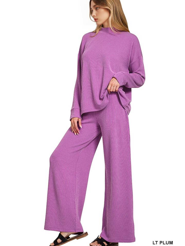 42POPS - Wholesale Lounge Set - Women's - ....0911 Raised Rib Mock Neck Long Sleeve Tee & Pants 2PC Set SI-28766