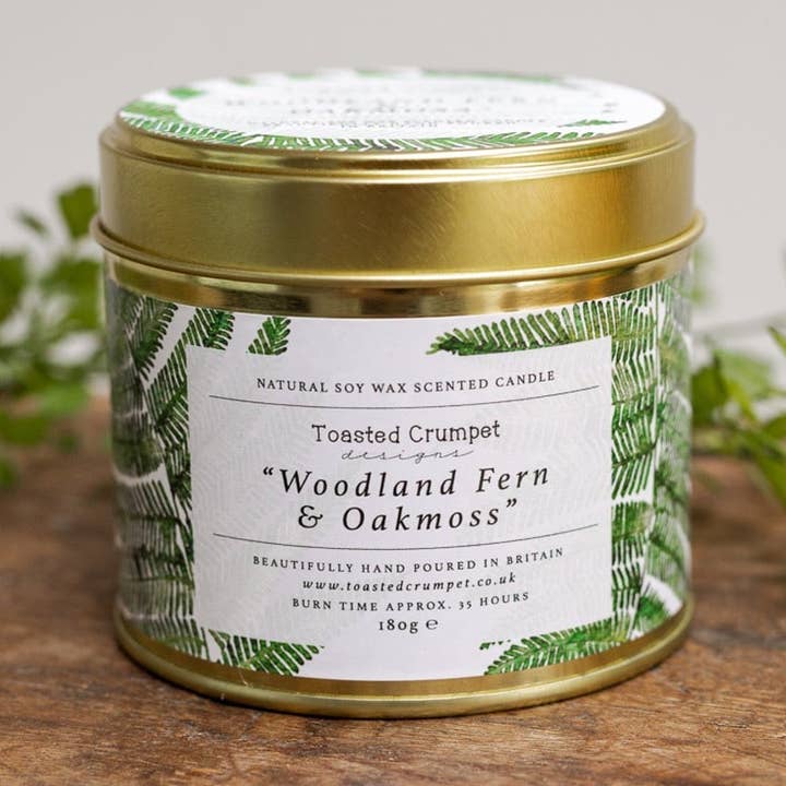 Woodland Fern & Oakmoss Candle in a Matt Gold Tin for wholesale by Toasted Crumpet