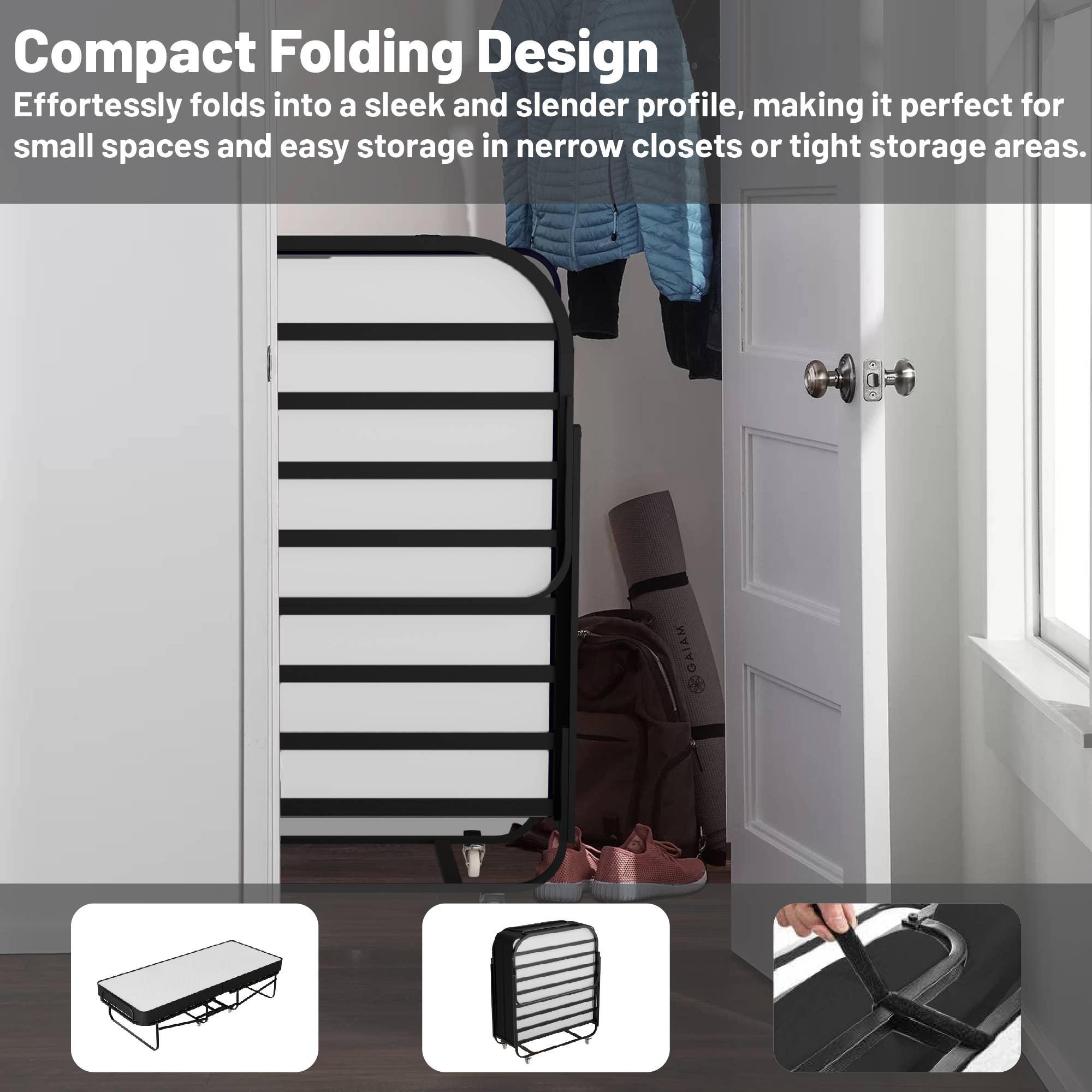 White 16" Rollaway Folding Cot Bed with 5" Memory Foam Mattresses for wholesale on Faire1