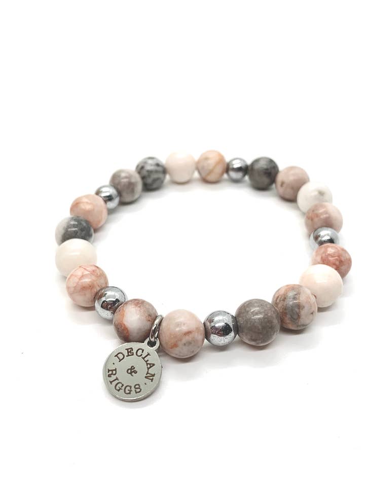 Pink Zebra Jasper and Hematite Gemstone Bracelet for wholesale by Declan & Riggs